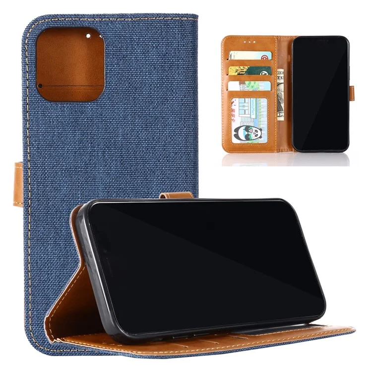 Jean Cloth Texture Wallet Stand Flip Leather Case for iPhone 12 Pro/12 - Dark Blue