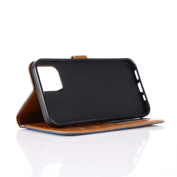 Jean Cloth Texture Wallet Stand Flip Leather Case for iPhone 12 Pro/12 - Dark Blue
