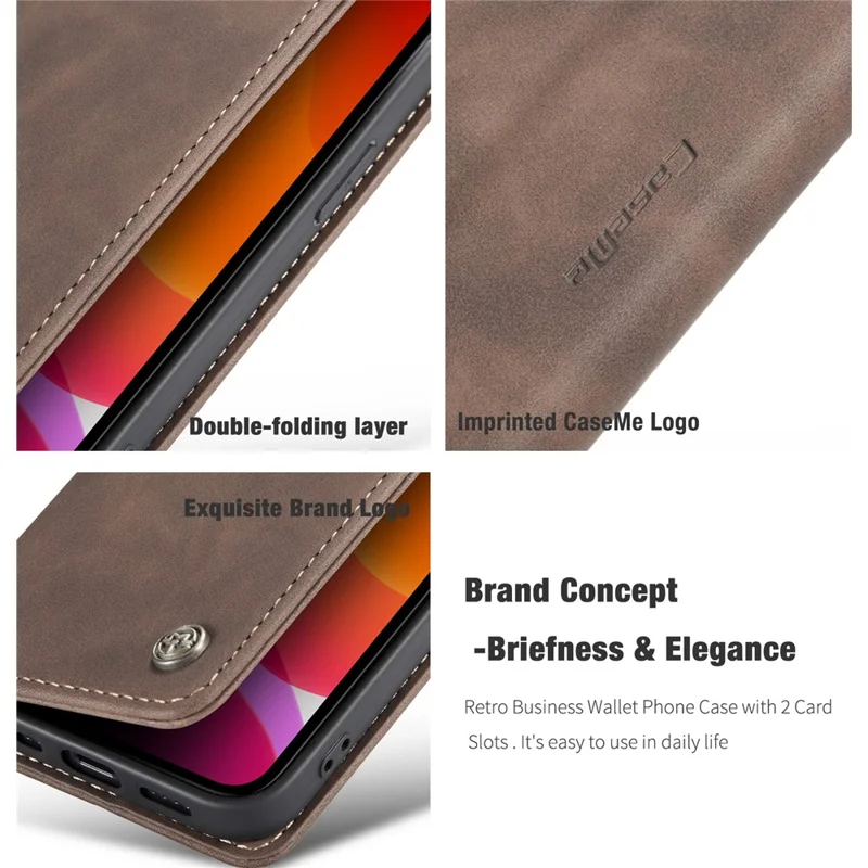 CASEME 013 Series Wallet Stand Auto-absorbed Leather Cover for iPhone 12 mini - Coffee
