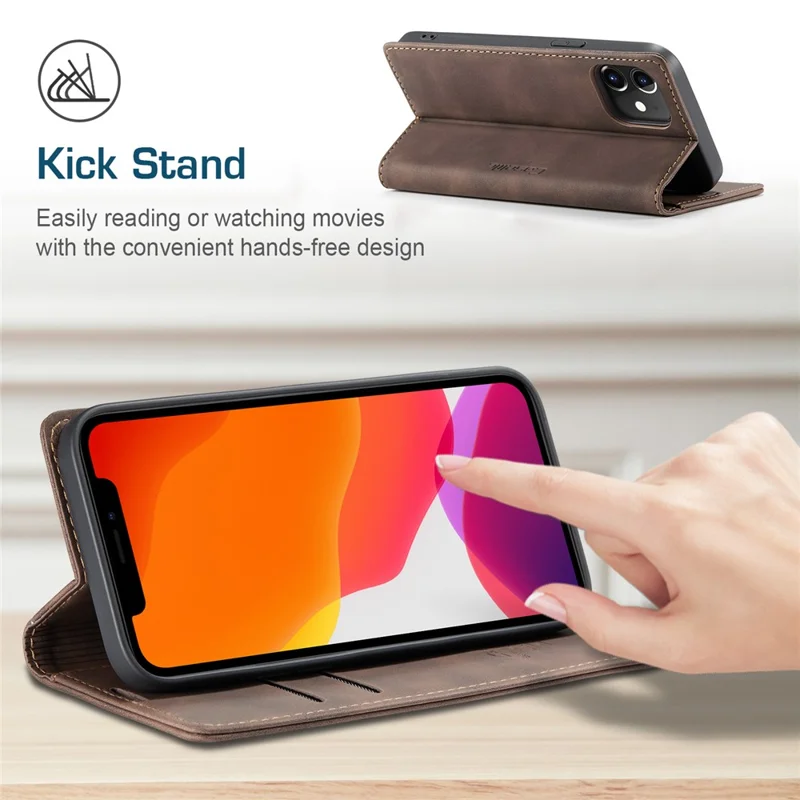 CASEME 013 Series Wallet Stand Auto-absorbed Leather Cover for iPhone 12 mini - Coffee