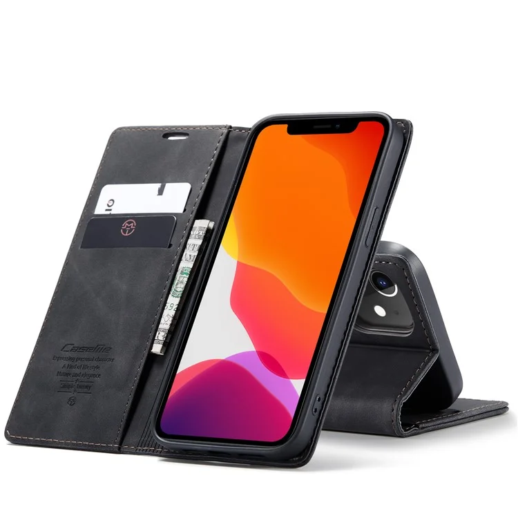 Caseme 013 Serie Auto-absorbiertes Lederständer Flip Shell Mit Brieftasche Für Iphone 12 Pro/12 - Schwarz