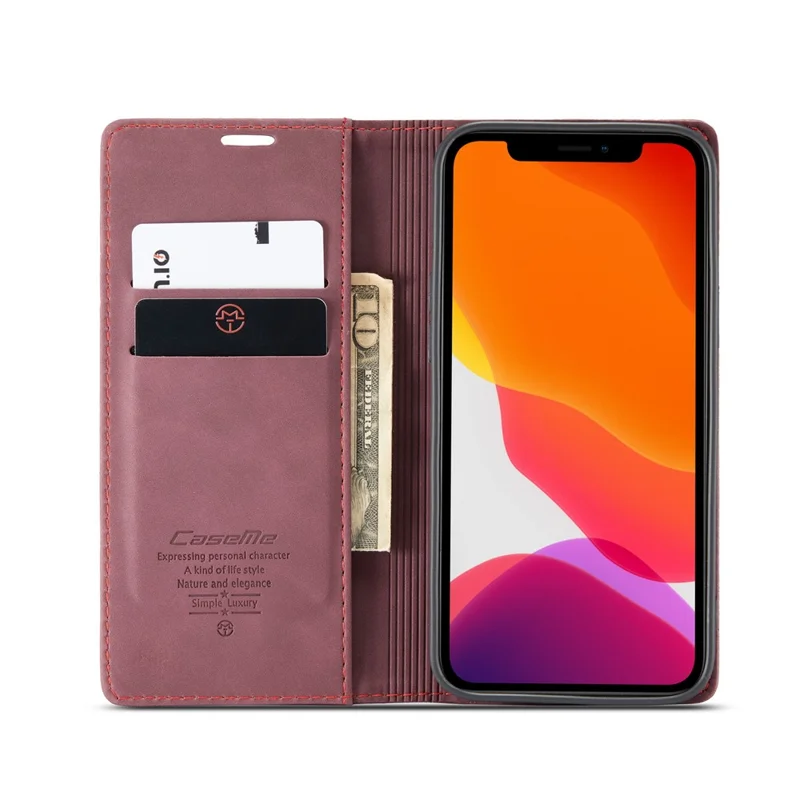 CASEME 013 Series For iPhone 12 Pro/12 Auto-absorbed Leather Stand Cover Flip Shell with Wallet - Wine Red