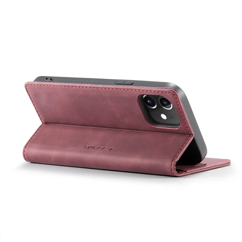 CASEME 013 Series For iPhone 12 Pro/12 Auto-absorbed Leather Stand Cover Flip Shell with Wallet - Wine Red