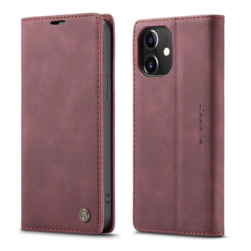 CASEME 013 Series For iPhone 12 Pro/12 Auto-absorbed Leather Stand Cover Flip Shell with Wallet - Wine Red