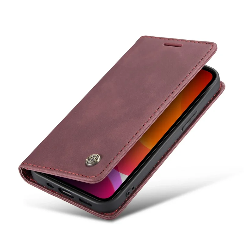 CASEME 013 Series For iPhone 12 Pro/12 Auto-absorbed Leather Stand Cover Flip Shell with Wallet - Wine Red