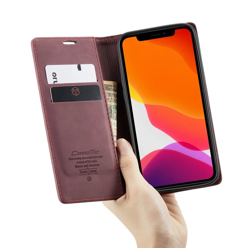 CASEME 013 Series For iPhone 12 Pro/12 Auto-absorbed Leather Stand Cover Flip Shell with Wallet - Wine Red