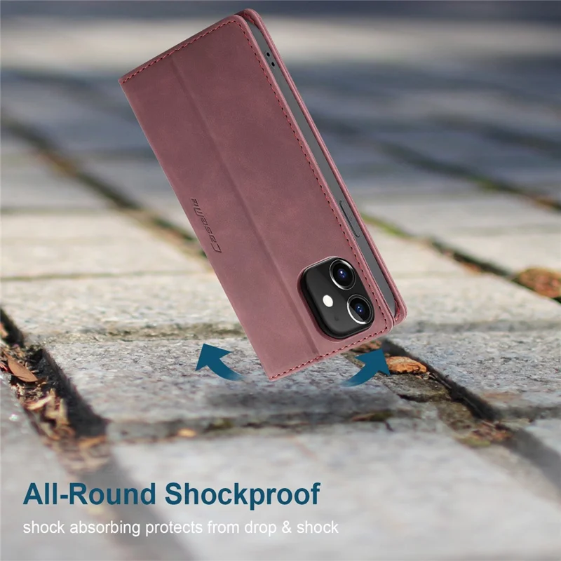 CASEME 013 Series For iPhone 12 Pro/12 Auto-absorbed Leather Stand Cover Flip Shell with Wallet - Wine Red