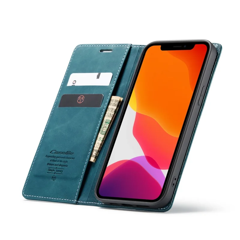 CASEME 013 Series For iPhone 12 Pro/12 Auto-absorbed Leather Stand Cover Flip Shell with Wallet - Green