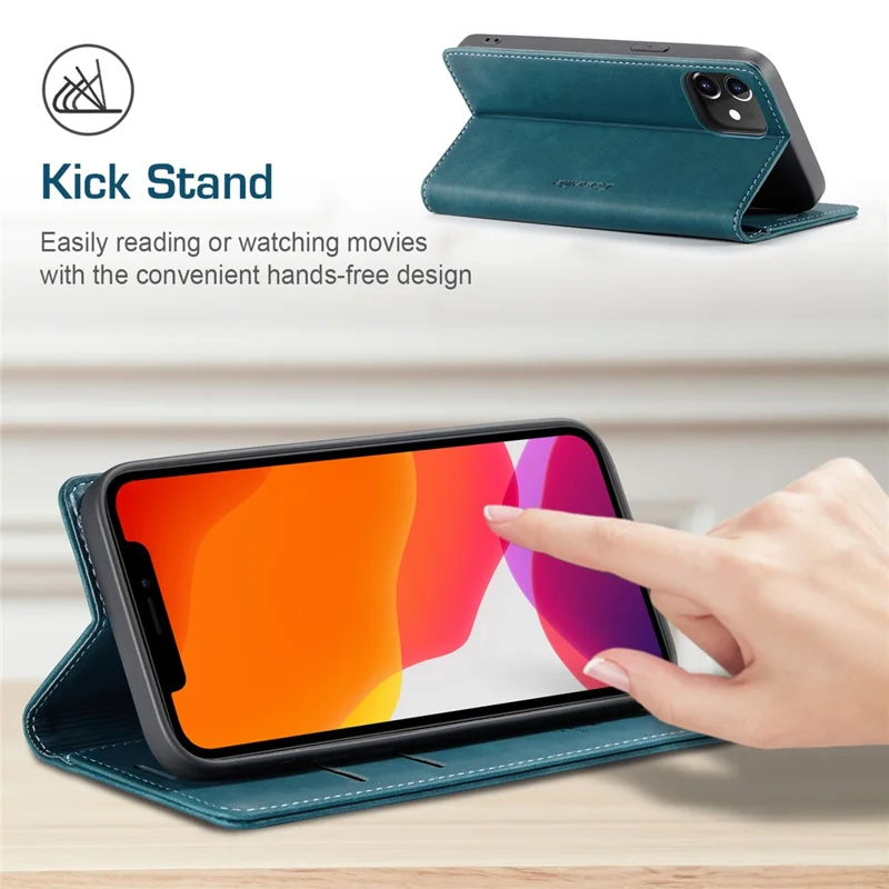 CASEME 013 Series For iPhone 12 Pro/12 Auto-absorbed Leather Stand Cover Flip Shell with Wallet - Green