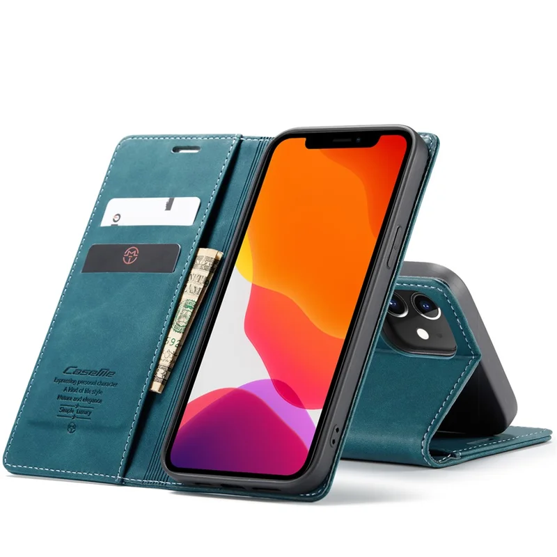 CASEME 013 Series For iPhone 12 Pro/12 Auto-absorbed Leather Stand Cover Flip Shell with Wallet - Green