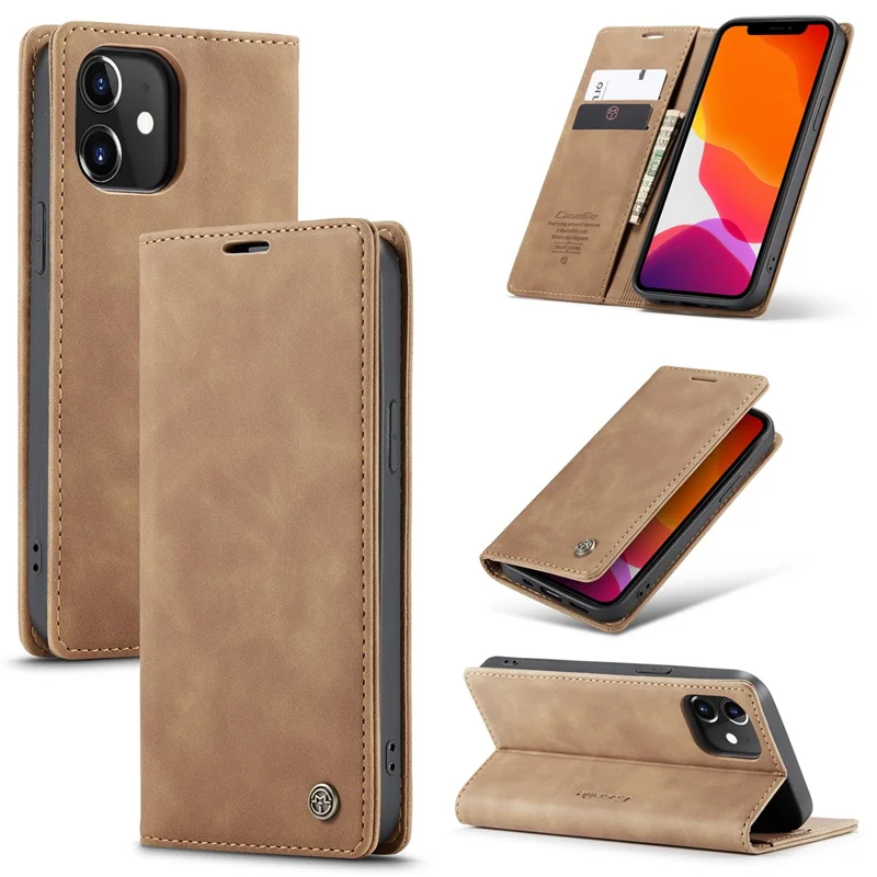 CASEME 013 Series For iPhone 12 Pro/12 Auto-absorbed Leather Stand Cover Flip Shell with Wallet - Brown