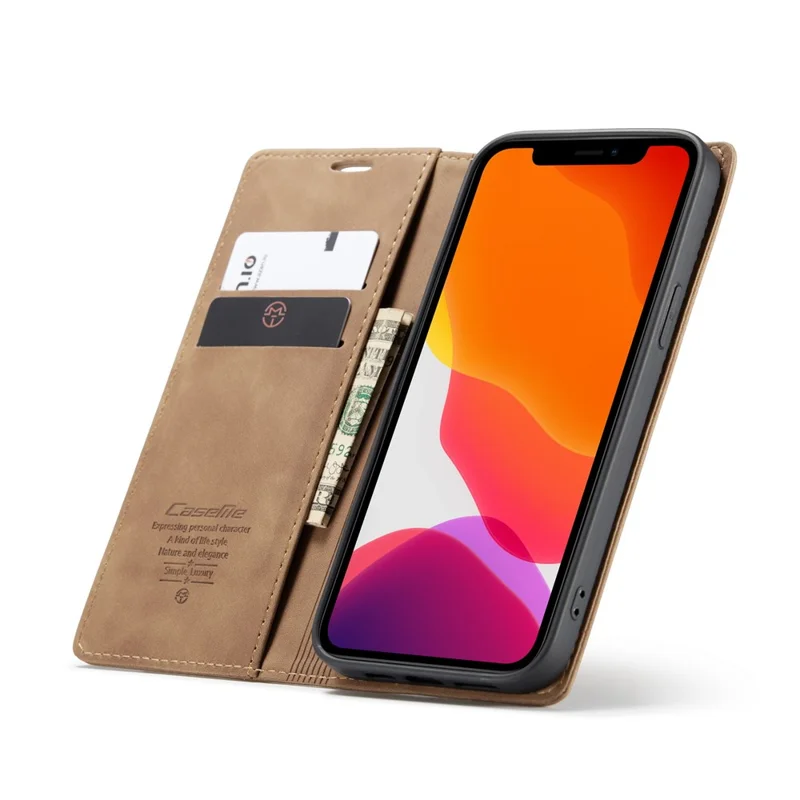 CASEME 013 Series For iPhone 12 Pro/12 Auto-absorbed Leather Stand Cover Flip Shell with Wallet - Brown
