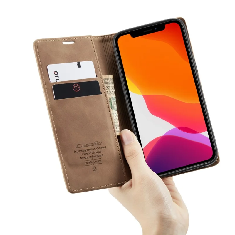 CASEME 013 Series For iPhone 12 Pro/12 Auto-absorbed Leather Stand Cover Flip Shell with Wallet - Brown