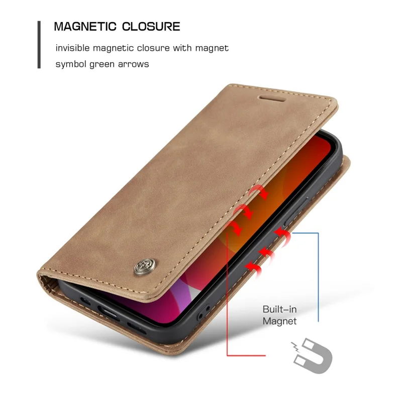 CASEME 013 Series For iPhone 12 Pro/12 Auto-absorbed Leather Stand Cover Flip Shell with Wallet - Brown
