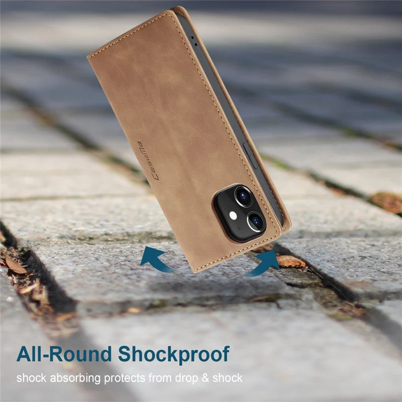 CASEME 013 Series For iPhone 12 Pro/12 Auto-absorbed Leather Stand Cover Flip Shell with Wallet - Brown