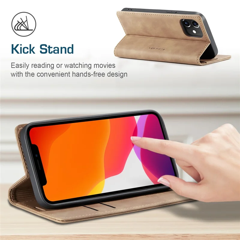 CASEME 013 Series For iPhone 12 Pro/12 Auto-absorbed Leather Stand Cover Flip Shell with Wallet - Brown