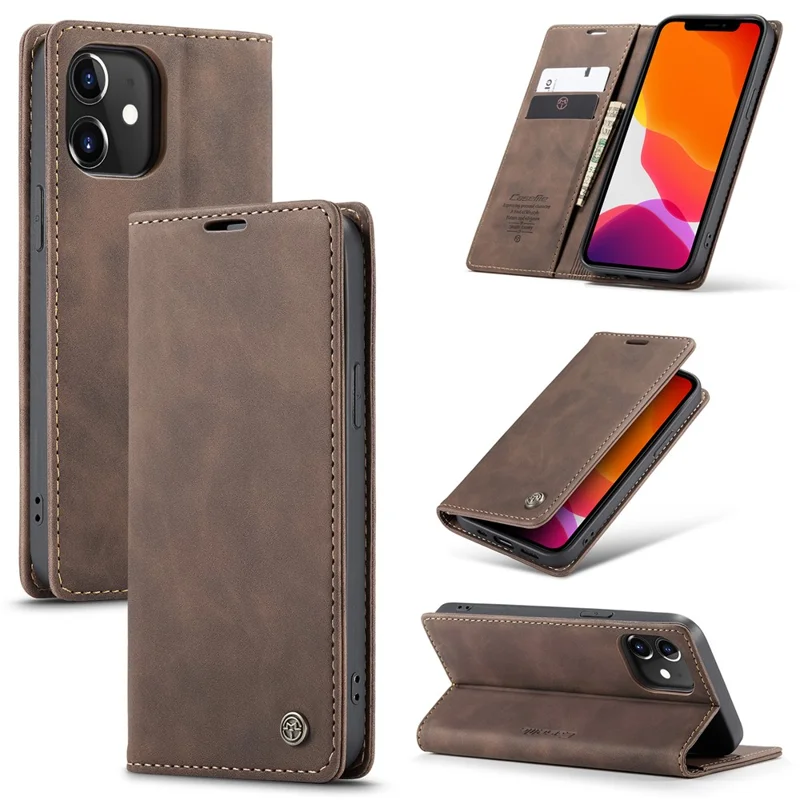 CASEME 013 Series For iPhone 12 Pro/12 Auto-absorbed Leather Stand Cover Flip Shell with Wallet - Coffee