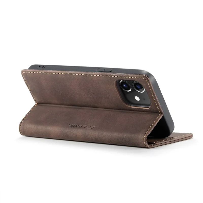CASEME 013 Series For iPhone 12 Pro/12 Auto-absorbed Leather Stand Cover Flip Shell with Wallet - Coffee
