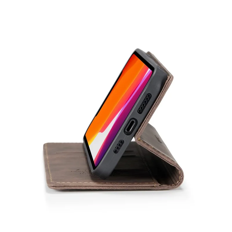 CASEME 013 Series For iPhone 12 Pro/12 Auto-absorbed Leather Stand Cover Flip Shell with Wallet - Coffee