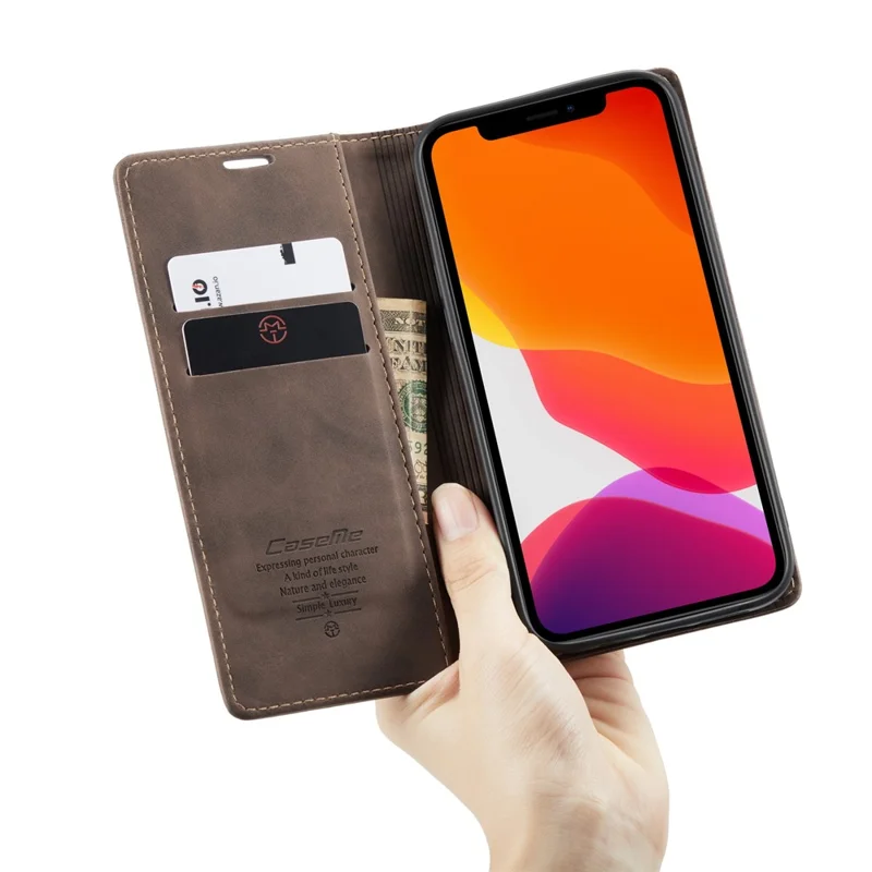 CASEME 013 Series For iPhone 12 Pro/12 Auto-absorbed Leather Stand Cover Flip Shell with Wallet - Coffee