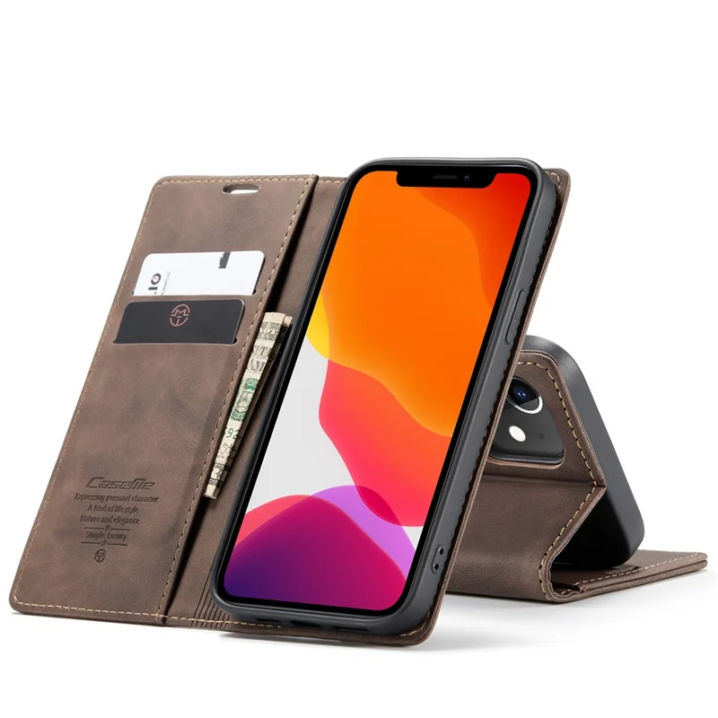 CASEME 013 Series For iPhone 12 Pro/12 Auto-absorbed Leather Stand Cover Flip Shell with Wallet - Coffee