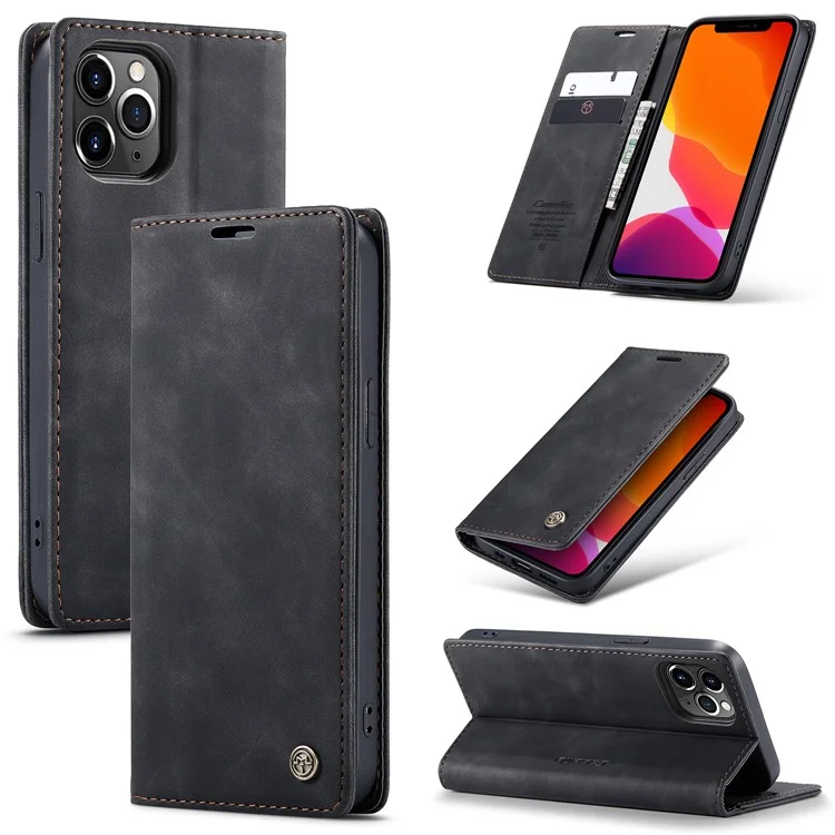 CASEME 013 Series Wallet Auto-absorbed Leather Flip Case for iPhone 12 Pro Max 6.7 inch - Black