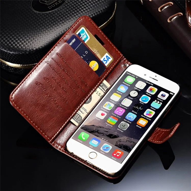 Retro Oil Buffed Folio Leather Wallet Stand Shell for iPhone 6s/6 - Brown