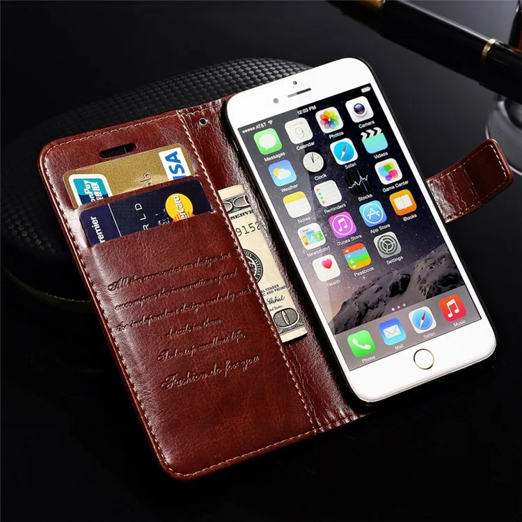 Retro Oil Buffed Folio Leather Wallet Stand Shell for iPhone 6s/6 - Brown