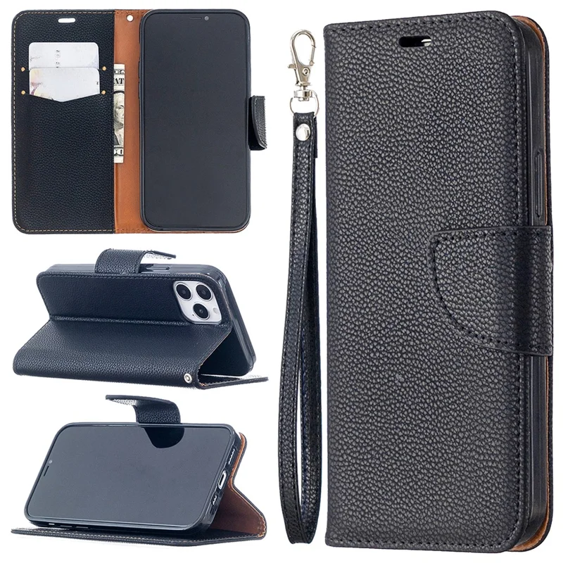 Litchi Surface with Wallet Leather Stand Case for iPhone 12 Pro/12 - Black