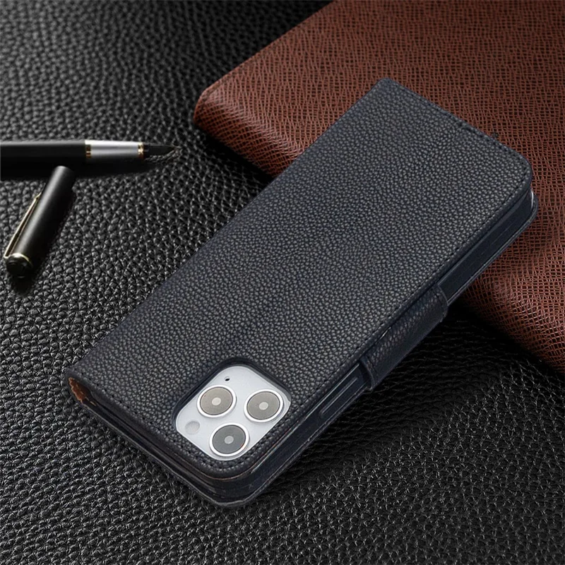 Litchi Surface with Wallet Leather Stand Case for iPhone 12 Pro/12 - Black