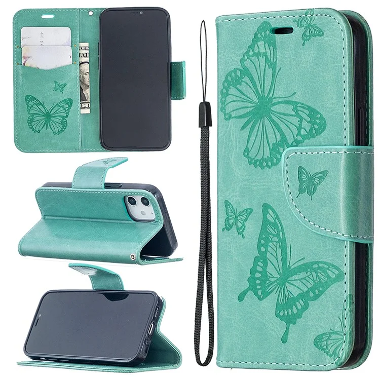 Impresión de la Billetera de Mariposa Case de Cuero Para Iphone 12 Mini 5.4 Pulgadas - Cian