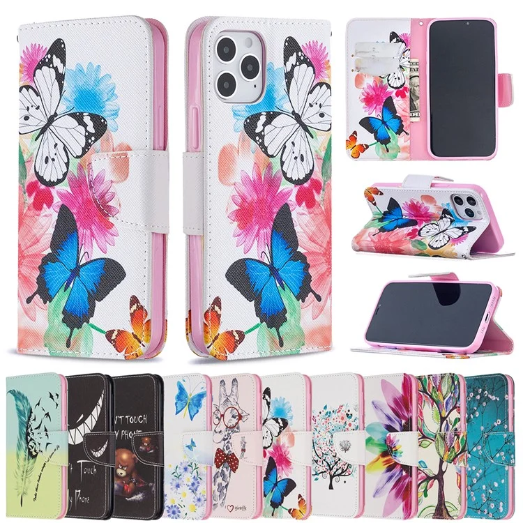 Pattern Printing Leather Wallet Protective Case for iPhone 12 Pro/12 - Butterflies