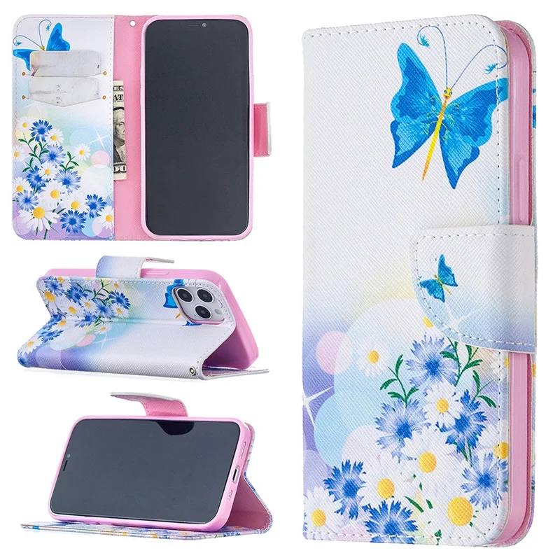 Pattern Printing Leather Wallet Protective Case for iPhone 12 Pro/12 - Butterfly and Flowers