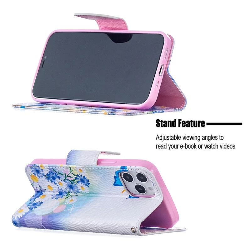Pattern Printing Leather Wallet Protective Case for iPhone 12 Pro/12 - Butterfly and Flowers