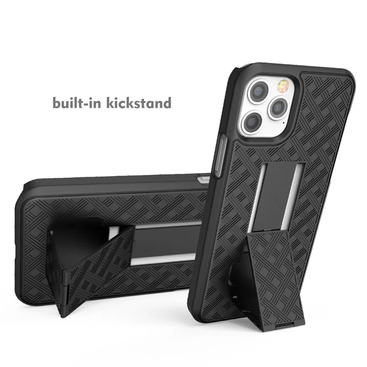 Woven Texture Swivel Belt Clip Holster PC + TPU Phone Cover for iPhone 12 Pro Max 6.7 inch