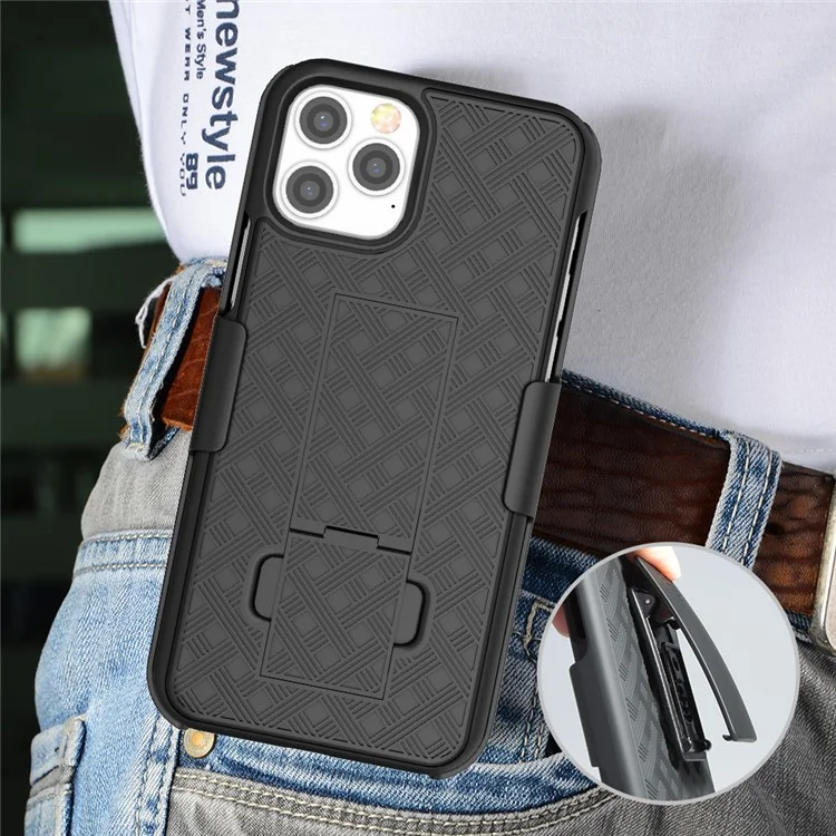 Woven Texture Swivel Belt Clip Holster PC + TPU Phone Cover for iPhone 12 Pro Max 6.7 inch