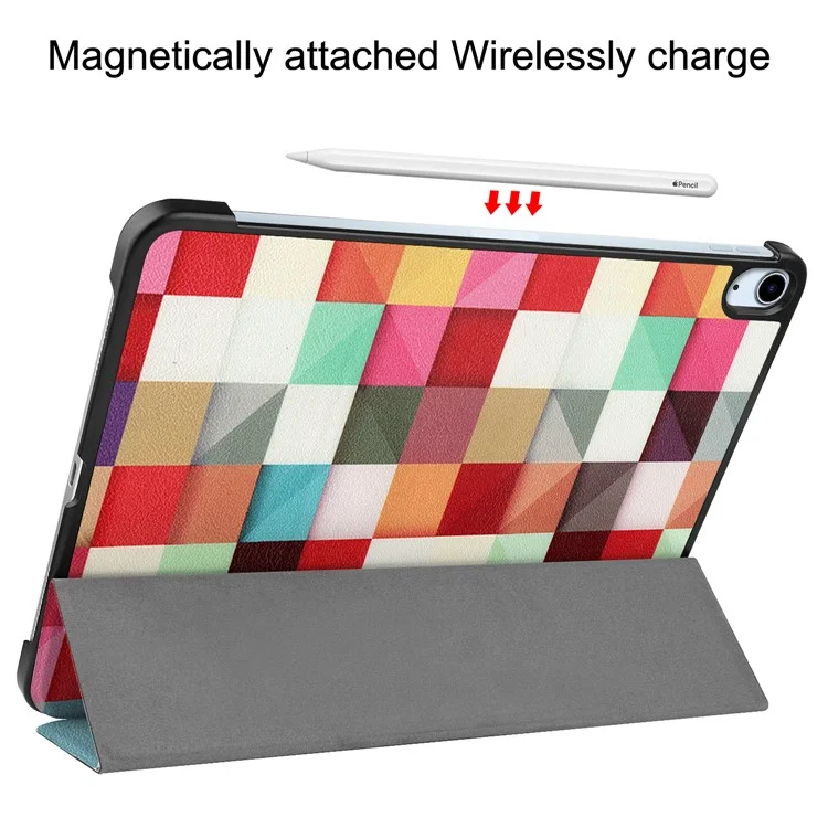 Pattern Printing Design Sleep/Wake PU Leather Tri-fold Stand Full Body Protective Tablet Shell Cover for iPad Air (2020)/Air (2022) - Grid Pattern