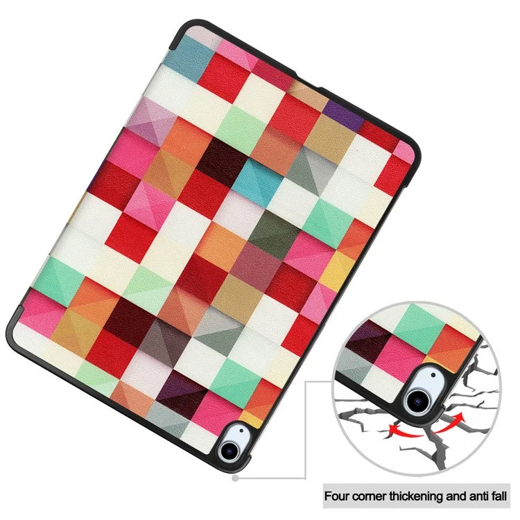 Pattern Printing Design Sleep/Wake PU Leather Tri-fold Stand Full Body Protective Tablet Shell Cover for iPad Air (2020)/Air (2022) - Grid Pattern