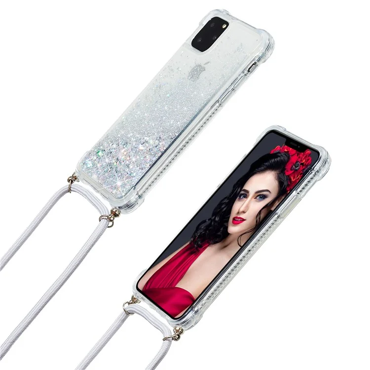 Glitter Powder Skin Quicksand TPU Back Case with Lanyard for iPhone 11 Pro 5.8 inch - White