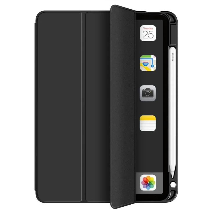 Auto Wake/Sleep Litch Haut PU Leder Tri-fold Stand Hülle Mit Bleistifthalter Für Ipad Air (2020)/luft (2022) - Schwarz