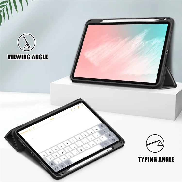 Auto Wake/Sleep Litch Skin PU Leather Tri-fold Stand Case with Pencil Holder for iPad Air (2020)/Air (2022) - Black