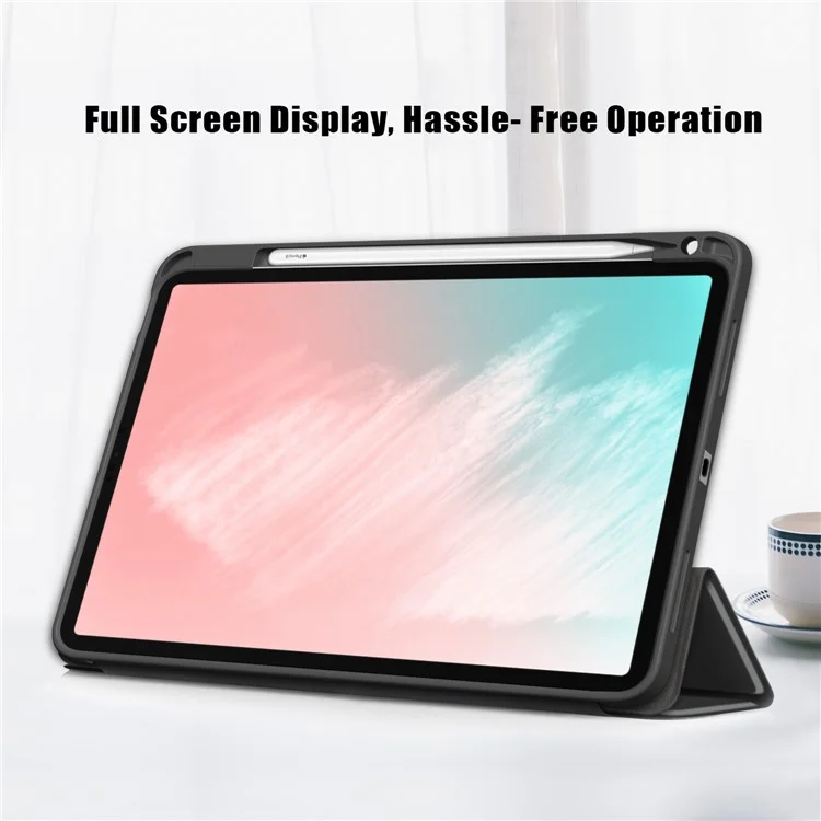 Aviso Automático/sono Litch Skin Skin PU Caso Tri-fold Stand Com Porta-lápis Para Ipad Air (2020)/Air (2022) - Preto