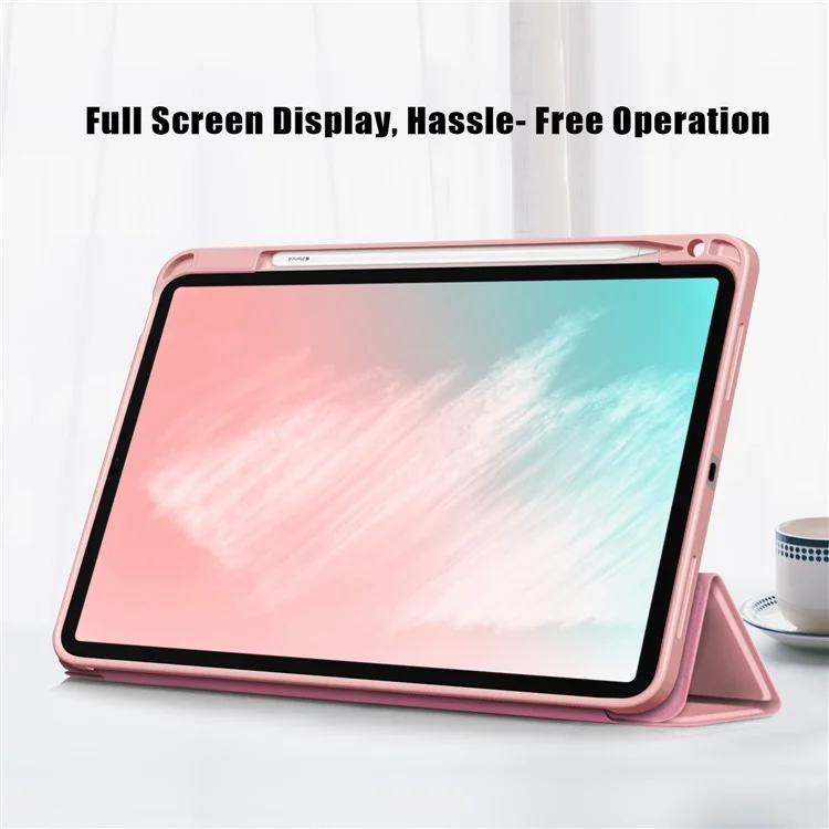 Aviso Automático/sono Litch Skin Skin PU Caso Tri-fold Stand Com Porta-lápis Para Ipad Air (2020)/Air (2022) - Rosa