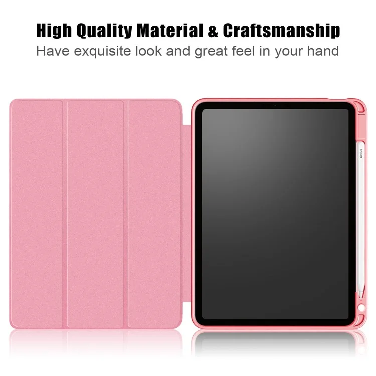 Auto Wake/Sleep Litch Skin PU Leather Tri-fold Stand Case with Pencil Holder for iPad Air (2020)/Air (2022) - Pink