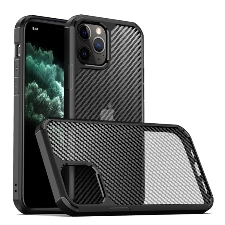 IPAKY Pioneer Série Semi-transparente Fosco Fibra De Carbono PC + TPU Capa Híbrida Para IPhone 12 Pro Max 6.7 Polegadas - Preto