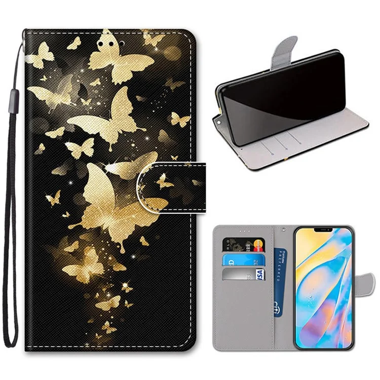 Printing Skin Leather with Wallet Cover with Strap for iPhone 12 Pro/12 - Gold Butterfly