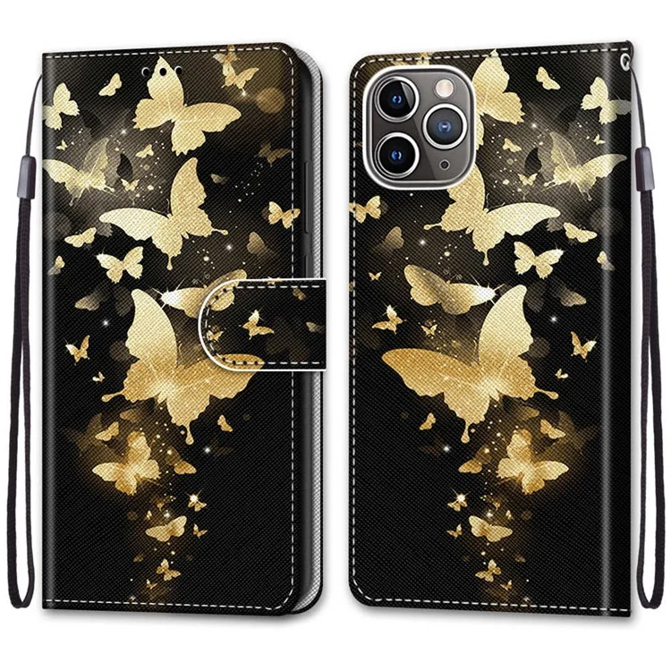 Printing Skin Leather with Wallet Cover with Strap for iPhone 12 Pro/12 - Gold Butterfly