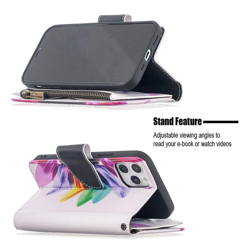 BF03 Pattern Printing Zipper Wallet Leather Phone Shell for iPhone 12 Pro/12 - Colorful Petals