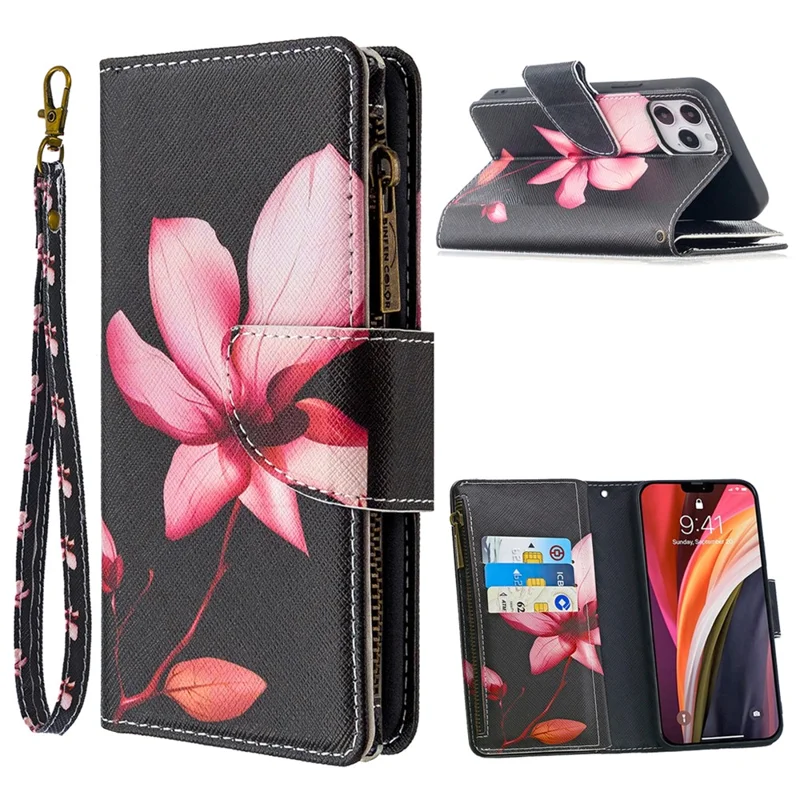 BF03 Pattern Printing Zipper Wallet Leather Phone Shell for iPhone 12 Pro/12 - Flower