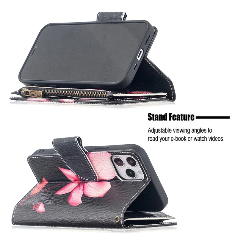 BF03 Pattern Printing Zipper Wallet Leather Phone Shell for iPhone 12 Pro/12 - Flower